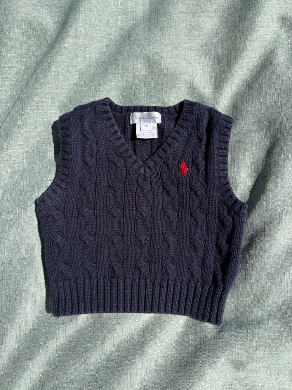 Ralph Lauren Navy Cable-Knit V-Neck Sweater Vest with Red Pony